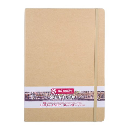 Sketchbook with kraft paper cover and visible brand label on a white background