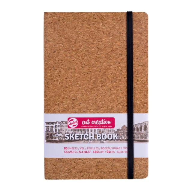 Cork texture sketchbook with a visible brand label on a white background