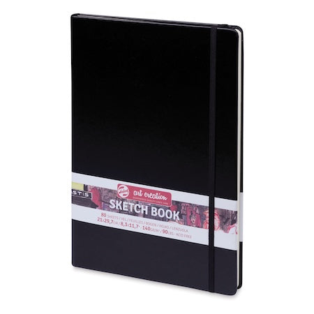 Black sketchbook with a visible brand label on a white background