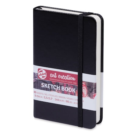 Black sketchbook with a visible brand label on a white background