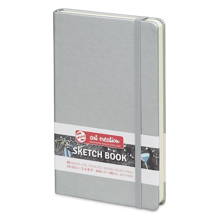 Gray sketchbook with a visible brand label on a white background