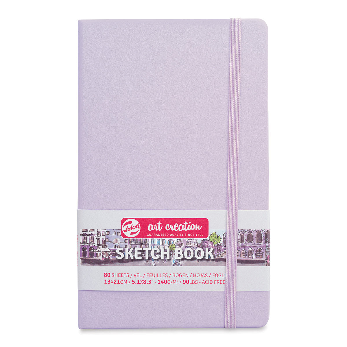 Purple sketchbook with a label on a white background