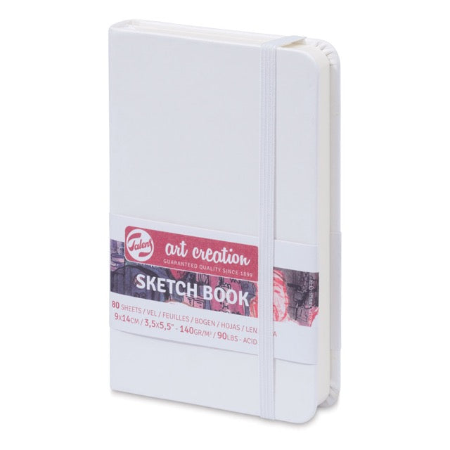 White sketchbook with a red label on a white background