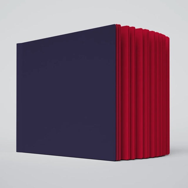 Book with dark blue cover and red spine on a light gray background