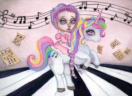 Cartoon character with a unicorn sitting on a piano, surrounded by musical notes.