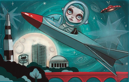 Illustration of a child in a spacesuit flying a rocket over a cityscape with a moon and UFOs in the background.