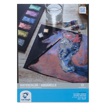 A pack of Van Gogh Black Watercolor Paper Pads with a floral print on the cover, indicating a matte black finish and 140 lb weight for cold press paper.