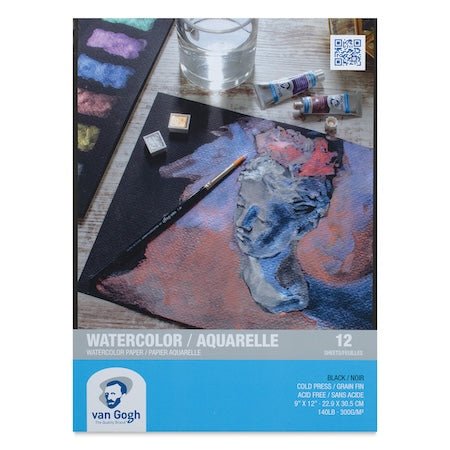 A pack of Van Gogh Black Watercolor Paper Pads with a floral print on the cover, indicating a matte black finish and 140 lb weight for cold press paper.