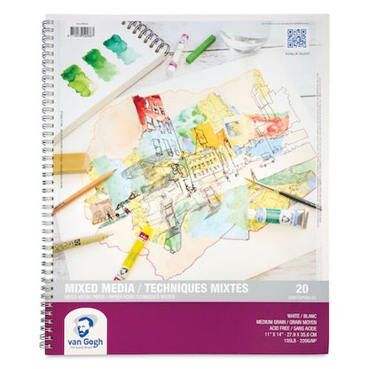 A spiral-bound sketchbook with a colorful cover featuring artwork and the Van Gogh brand logo, titled 'Mixed Media Techniques Mixes 20' with 20 sheets of medium-grain white paper.