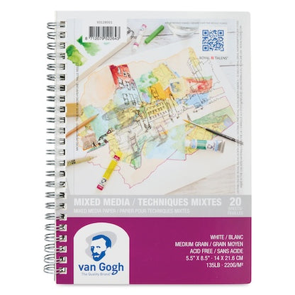 A spiral-bound sketchbook with a colorful cover featuring artwork and the Van Gogh brand logo, titled 'Mixed Media Techniques Mixes 20' with 20 sheets of medium-grain white paper.