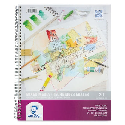 A spiral-bound sketchbook with a colorful cover featuring artwork and the Van Gogh brand logo, titled 'Mixed Media Techniques Mixes 20' with 20 sheets of medium-grain white paper.