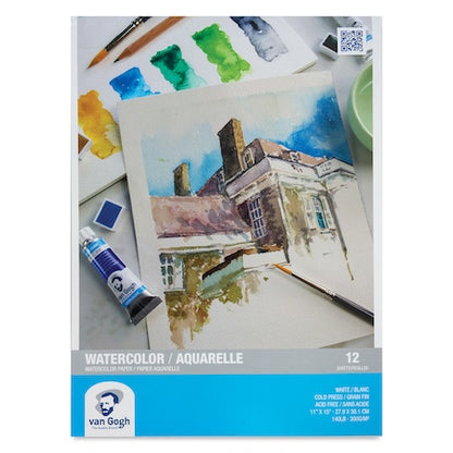 Pack of Van Gogh brand watercolor paper pads with a picture of a building and art supplies on the cover.
