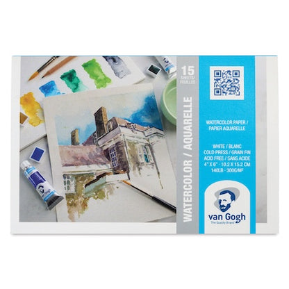 Pack of Van Gogh brand watercolor paper pads with a picture of a building and art supplies on the cover.