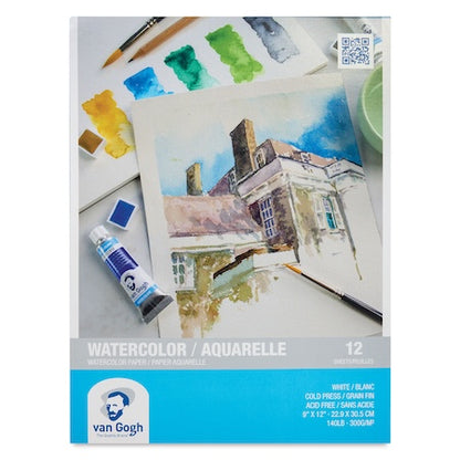 Pack of Van Gogh brand watercolor paper pads with a picture of a building and art supplies on the cover.
