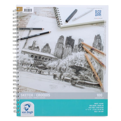 A sketch paper pad with a spiral binding featuring a cityscape illustration on the cover, labeled 'Van Gogh' and '60LB', indicating the paper weight.