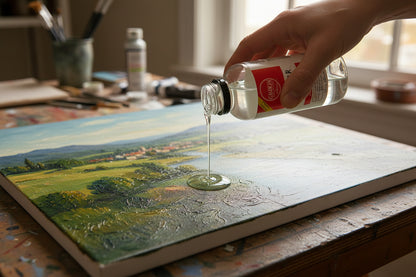 artist pouring gamvar onto a painting to get ready to varnish the artwork