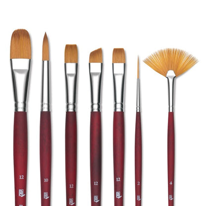 Set of paint brushes with red handles and silver ferrules on a white background