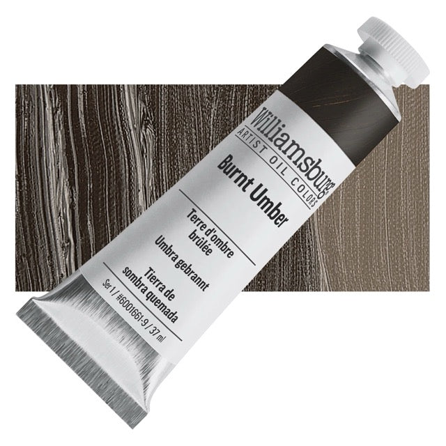Tube of Williamsburg Artist Oil Color Burnt Umber with a wooden texture background