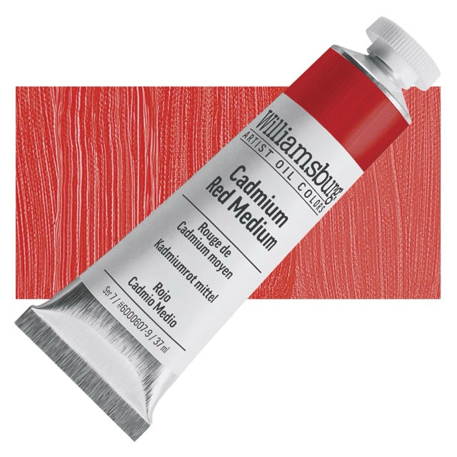 Tube of Williamsburg Artist Oil Color Cadmium Red Medium on a red textured background