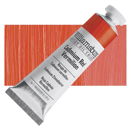 Tube of Williamsburg Artists Oil Color Cadmium Red Vermilion paint against a red background