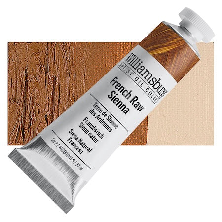 A tube of Williamsburg Handmade Oil Paint in the color French Raw Sienna, with a swatch of the paint color displayed beside it.