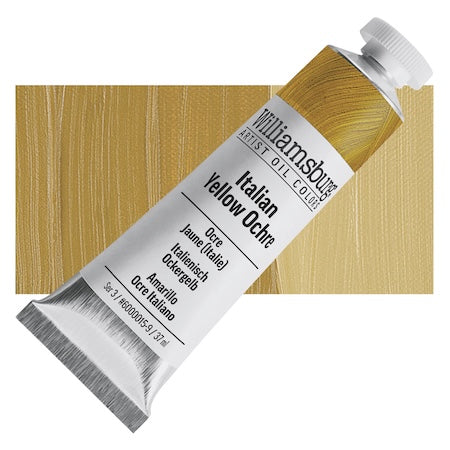 Tube of Williamsburg Italian Yellow Ochre oil paint with a swatch of color behind it.