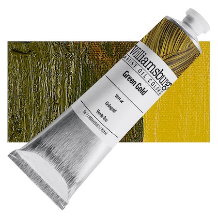 Tube of Williamsburg Green Gold oil paint with color swatches in the background