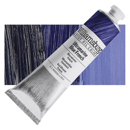 Tube of Williamsburg Ultramarine Blue French oil paint with a swatch of color on a white background