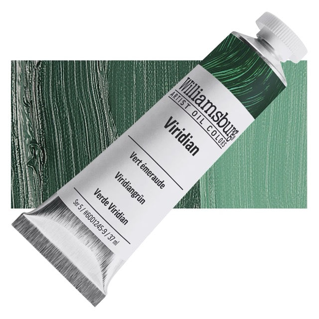 Tube of Williamsburg Artist Oil Color Viridian with a swatch of green paint.