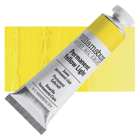 A tube of Williamsburg Handmade Oil Paints labeled 'Permanent Yellow Light' with a yellow paint swatch behind it.