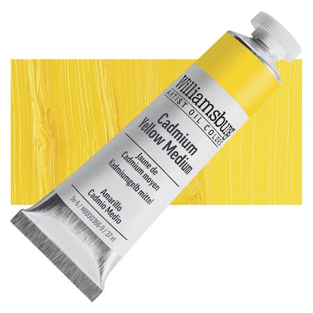 Tube of Williamsburg Cadmium Yellow Medium oil paint with a yellow swatch in the background
