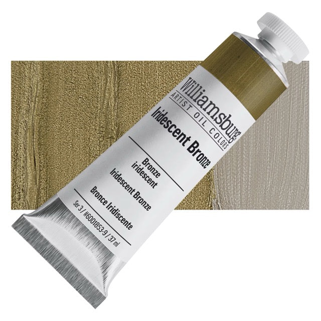 Tube of Williamsburg Artist Oil Color Iridescent Bronze with color swatch
