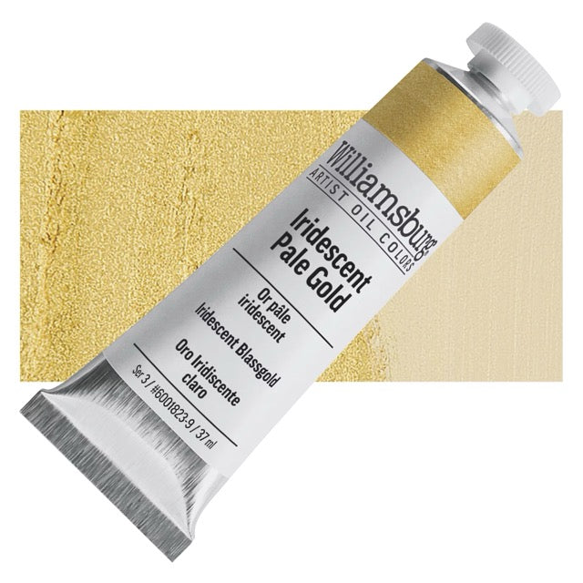 Tube of Williamsburg Artist Oil Color Iridescent Pale Gold on a white background