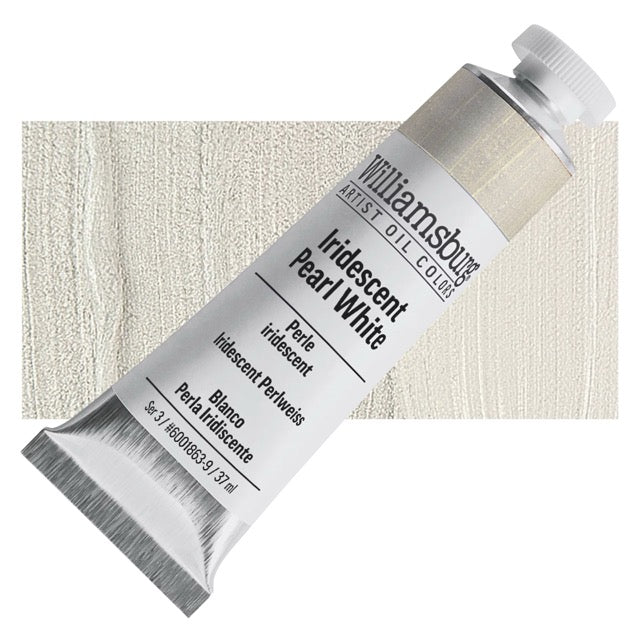 Tube of Williamsburg Artist Oil Color Iridescent Pearl White paint with a swatch of color.