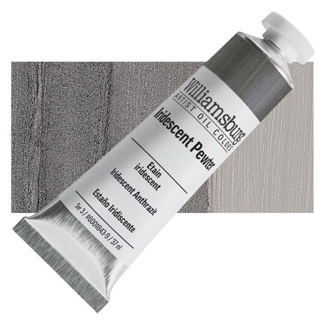 Tube of Williamsburg Artist Oil Color Indescent Pewter with a swatch of color on a white background