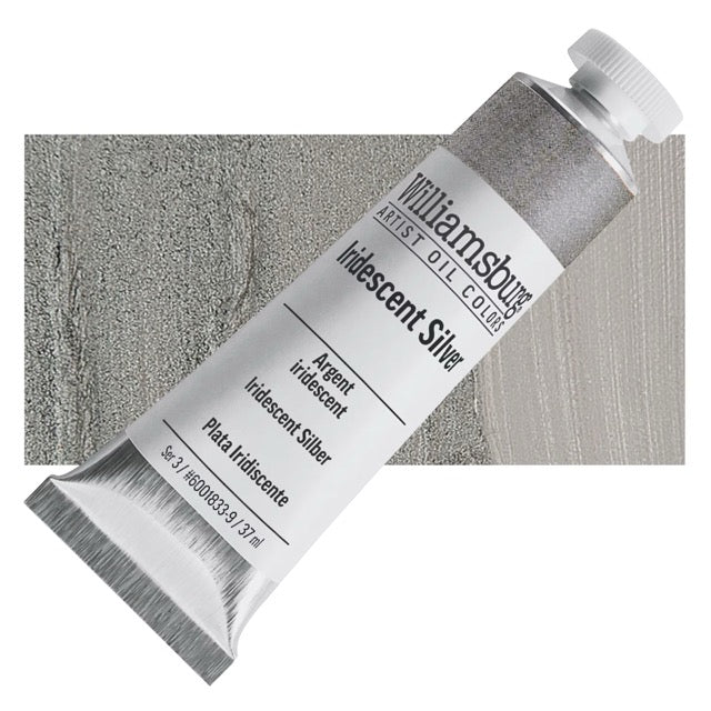 Tube of Williamsburg Artist Oil Color Iridescent Silver with a swatch of color on a white background