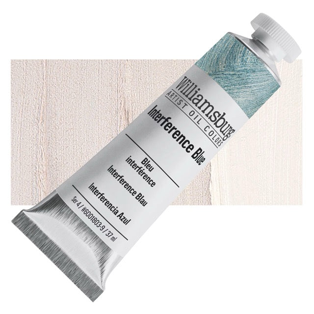 Tube of Williamsburg Artist Oil Color Interference Blue on a white background