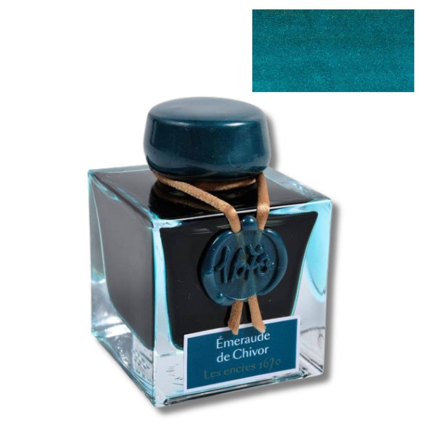 Ink bottle with blue cap and label on a white background