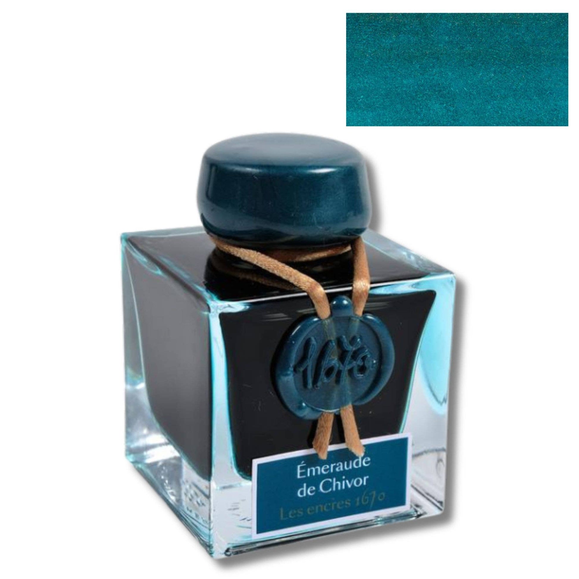 Ink bottle with blue cap and label on a white background