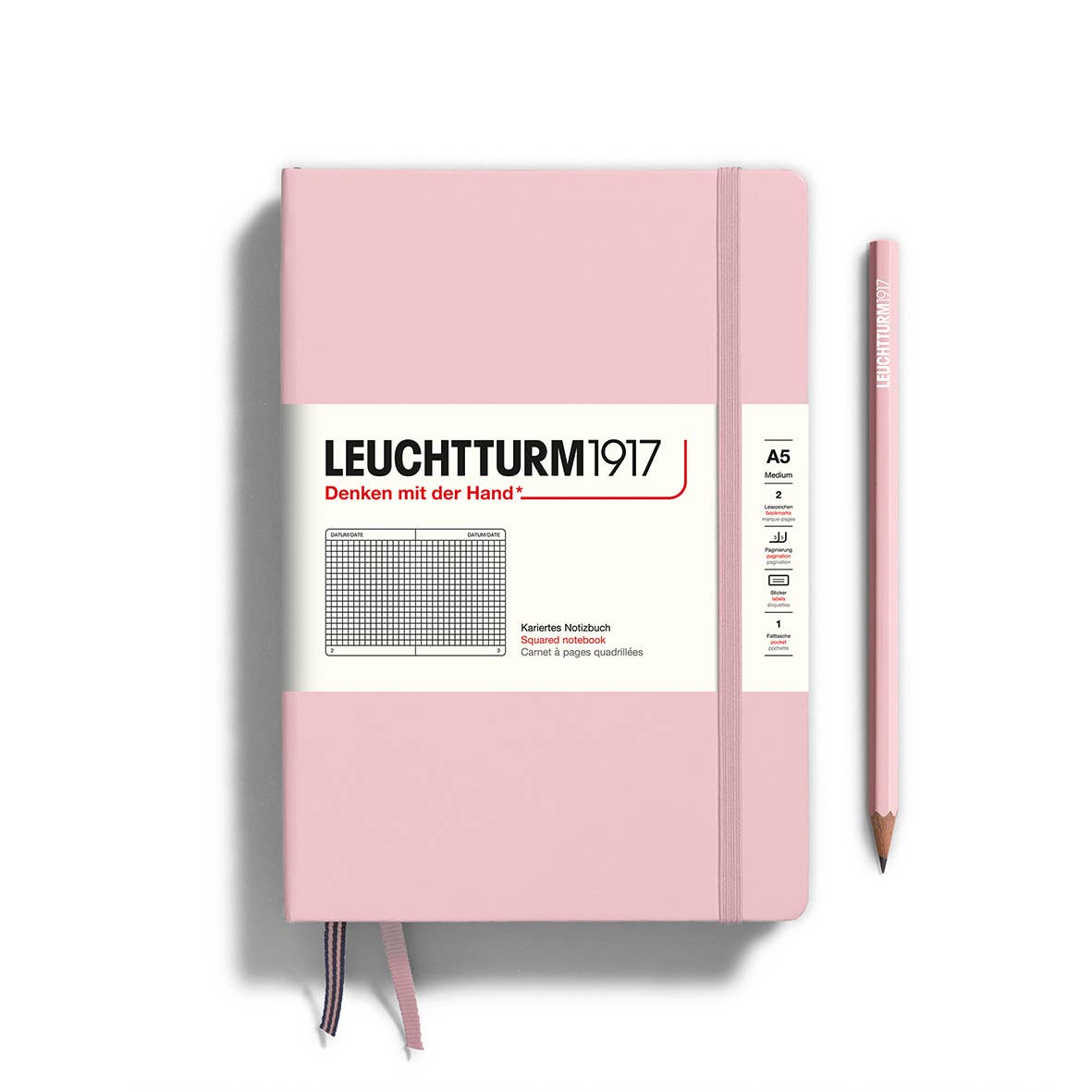 Pink notebook with Leuchtturm1917 branding on a white background