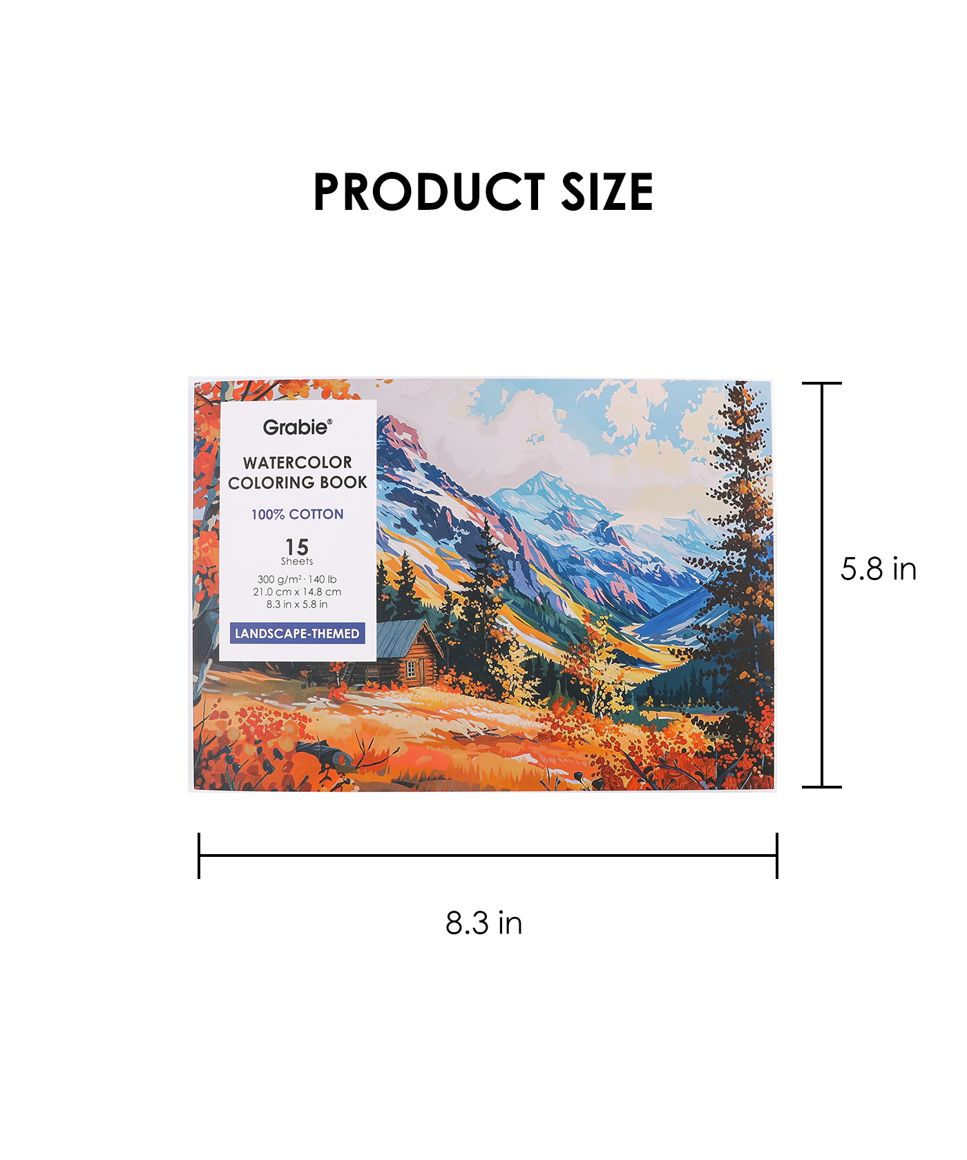 Coloring book with mountain landscape illustration and dimensions on a white background