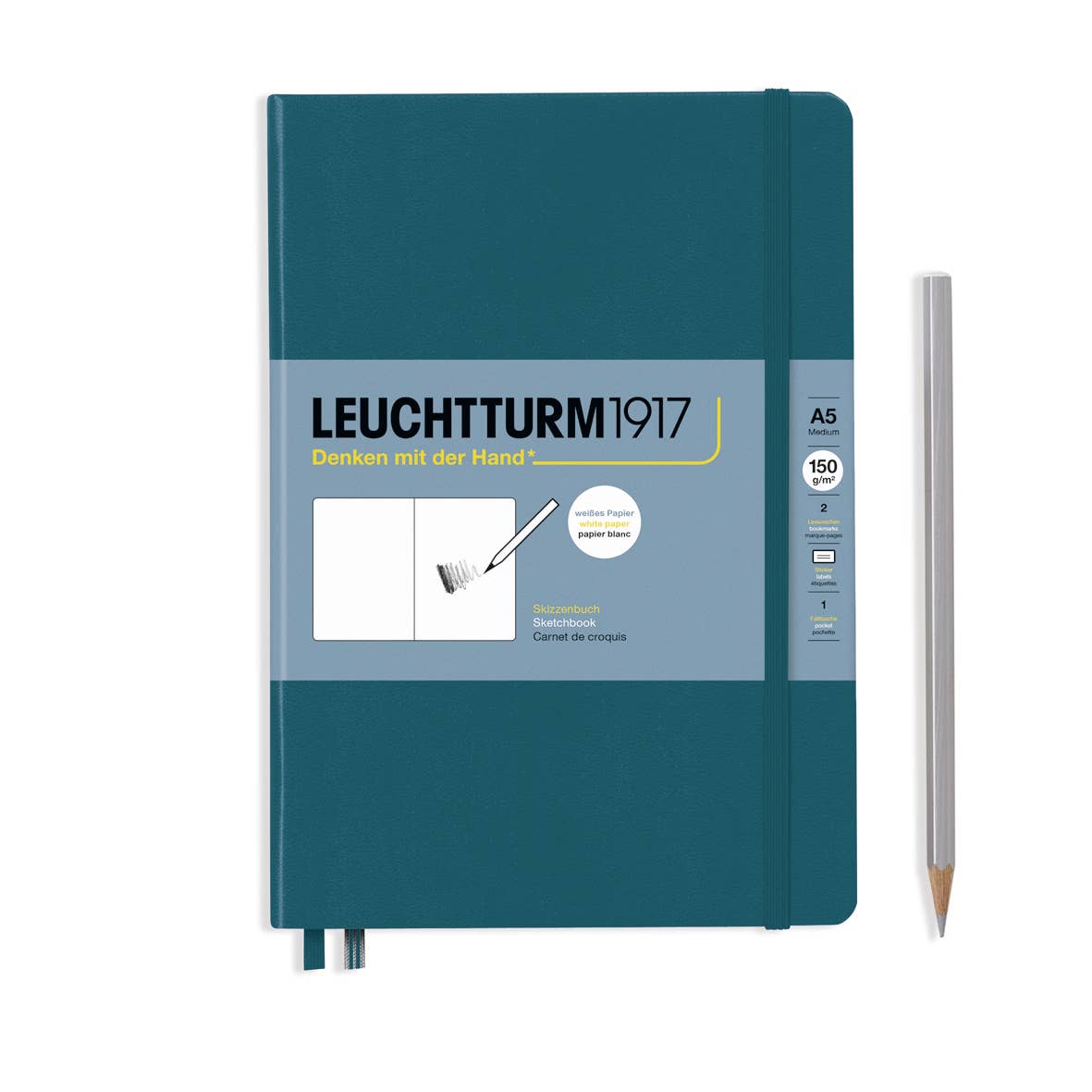 Teal notebook with Leuchtturm1917 branding and a pencil on a white background