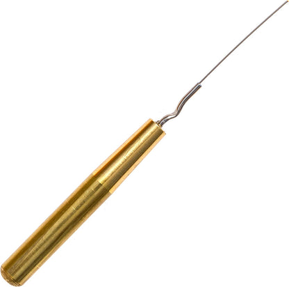 Gold-colored fishing rod tip repair tool on a white background