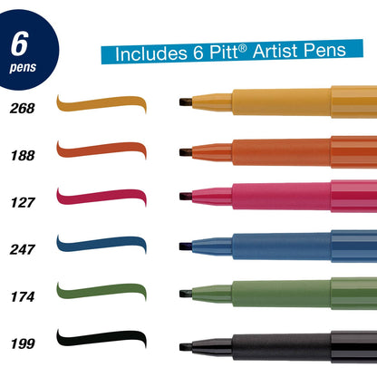 Set of six Pitt Artist Pens with color swatches and pen tips displayed.