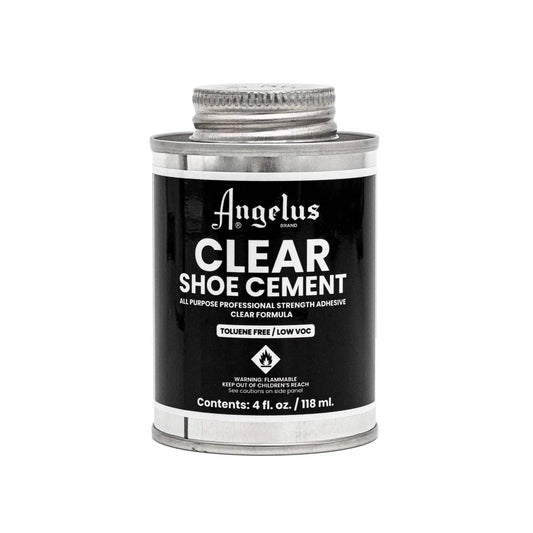 Can of Angelus Clear Shoe Cement on a white background