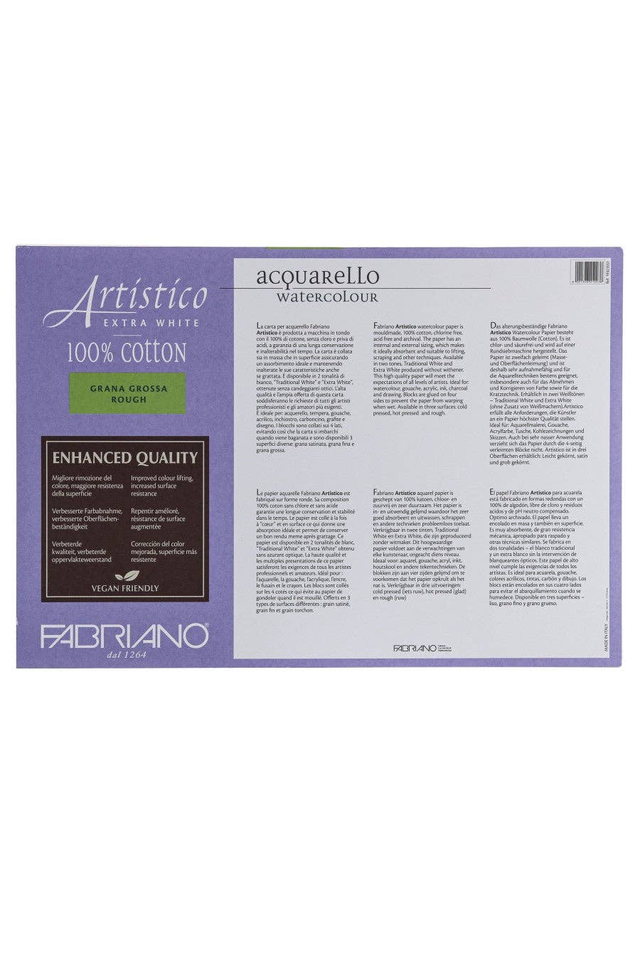 Fabriano Artistic Watercolor paper packaging with text on a white background