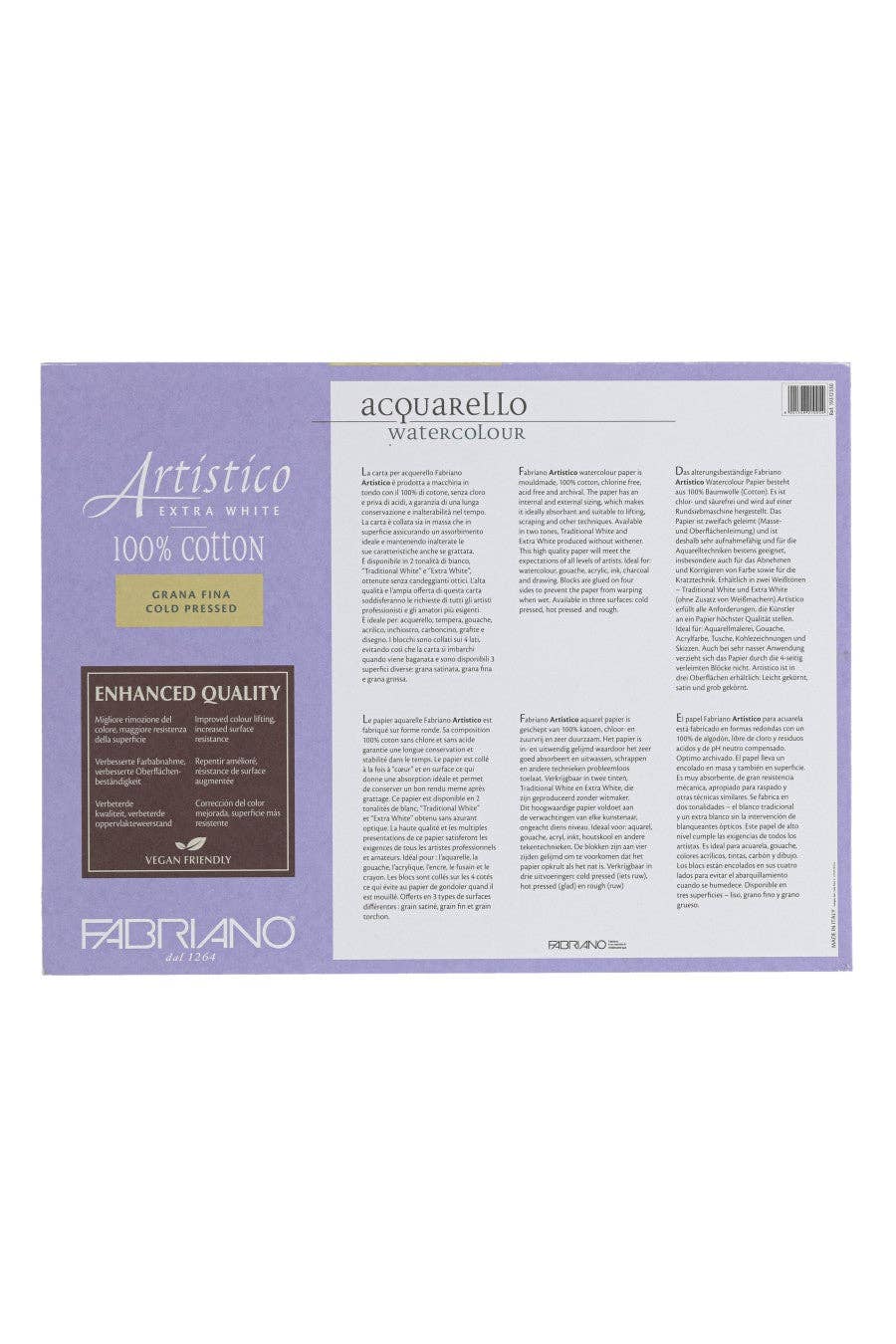 Packaging of Artistic Cotton Watercolor paper by Fabriano with text and branding.