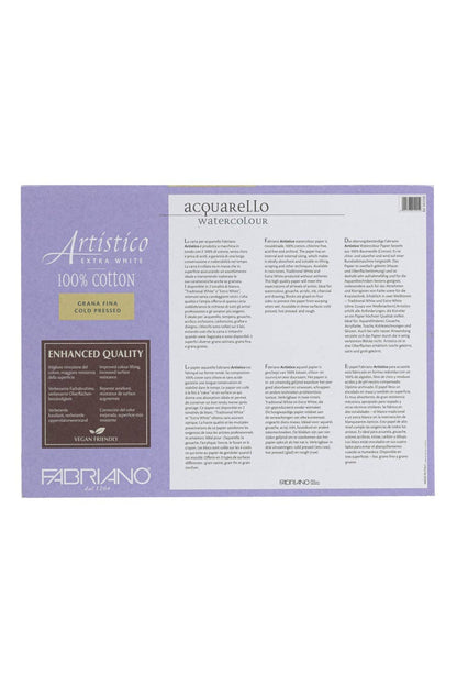 Packaging of Artistic Cotton Watercolor paper by Fabriano with text and branding.