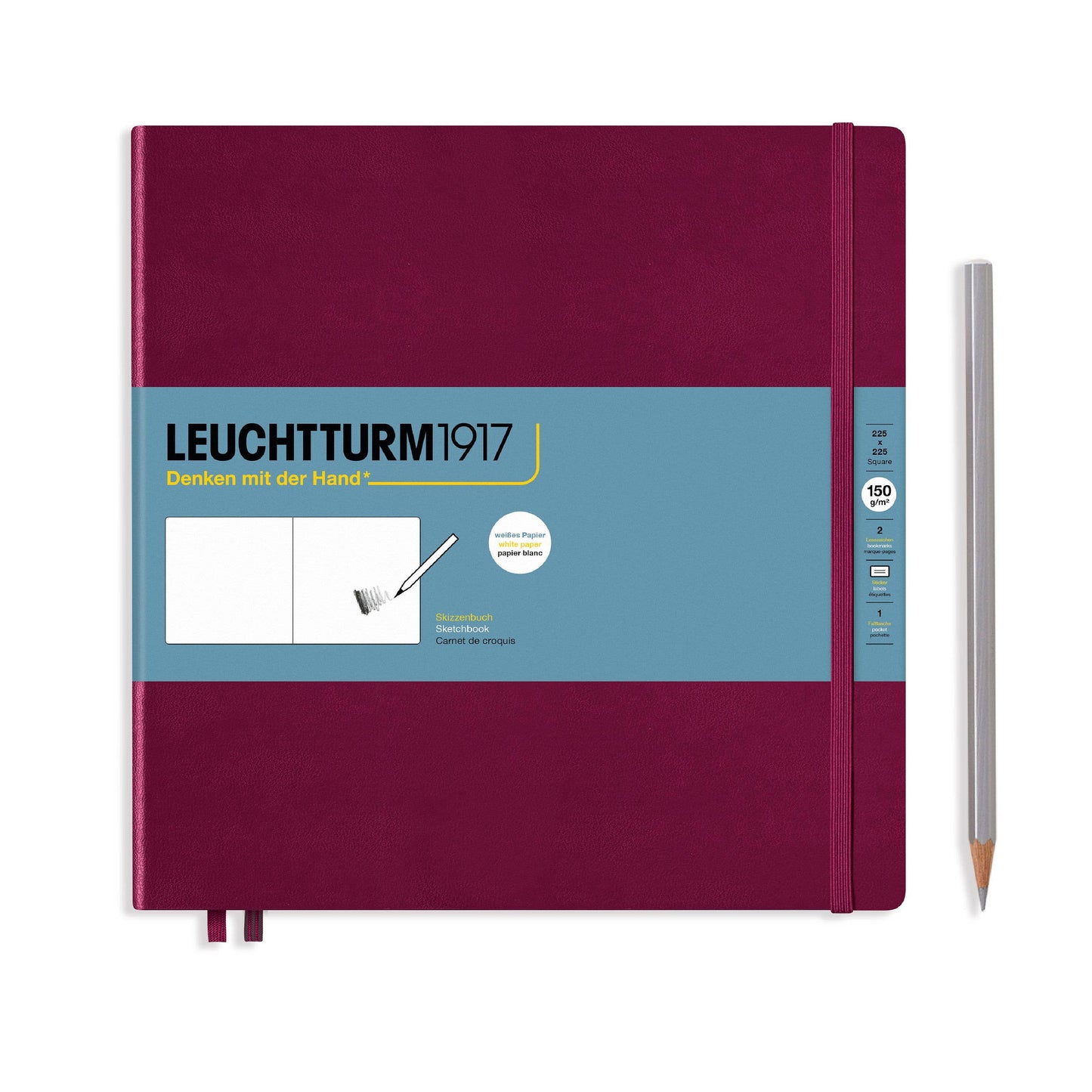 Maroon notebook with blue label and white pencil on a white background