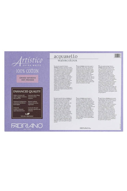 Packaging of Artistic Fabriano watercolor paper with text and branding.